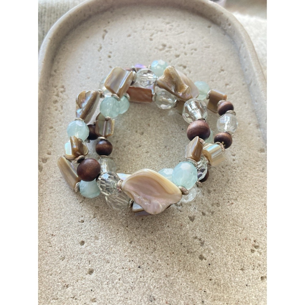 Coastal Bracelet Stack Faux Shell Clear Faceted Aqua Brown Beads Beachy Stretch